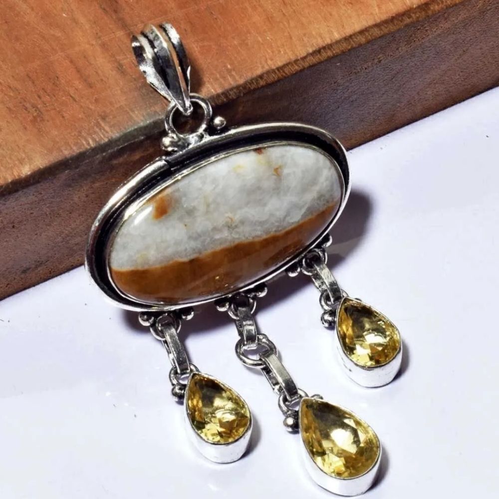 African Tiger Eye Citrine Ethnic Handmade Pendant Jewelry 2.8"